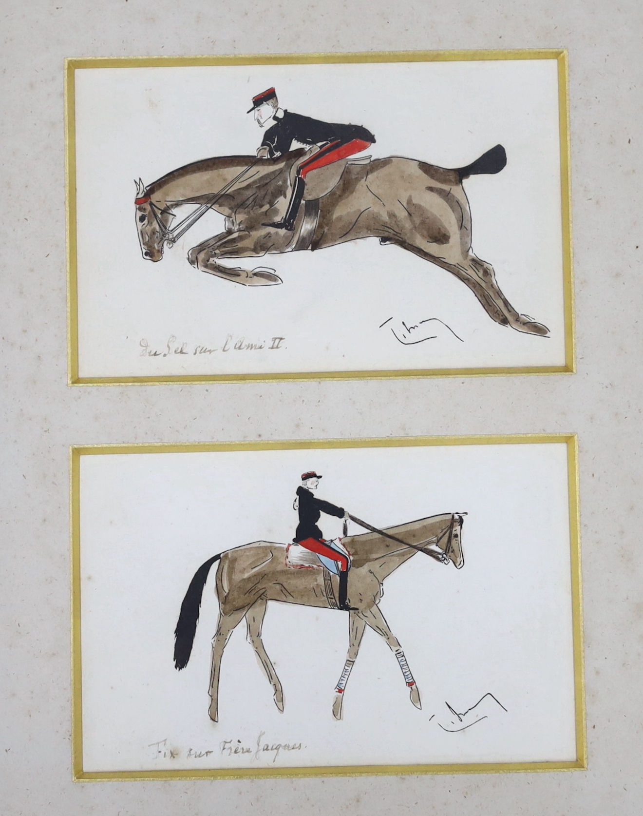 French School, set of five 20th century ink and watercolours, Horse racing and hunting interest, each inscribed in French, indistinctly signed, mounted and framed as one, 13 x 8cm